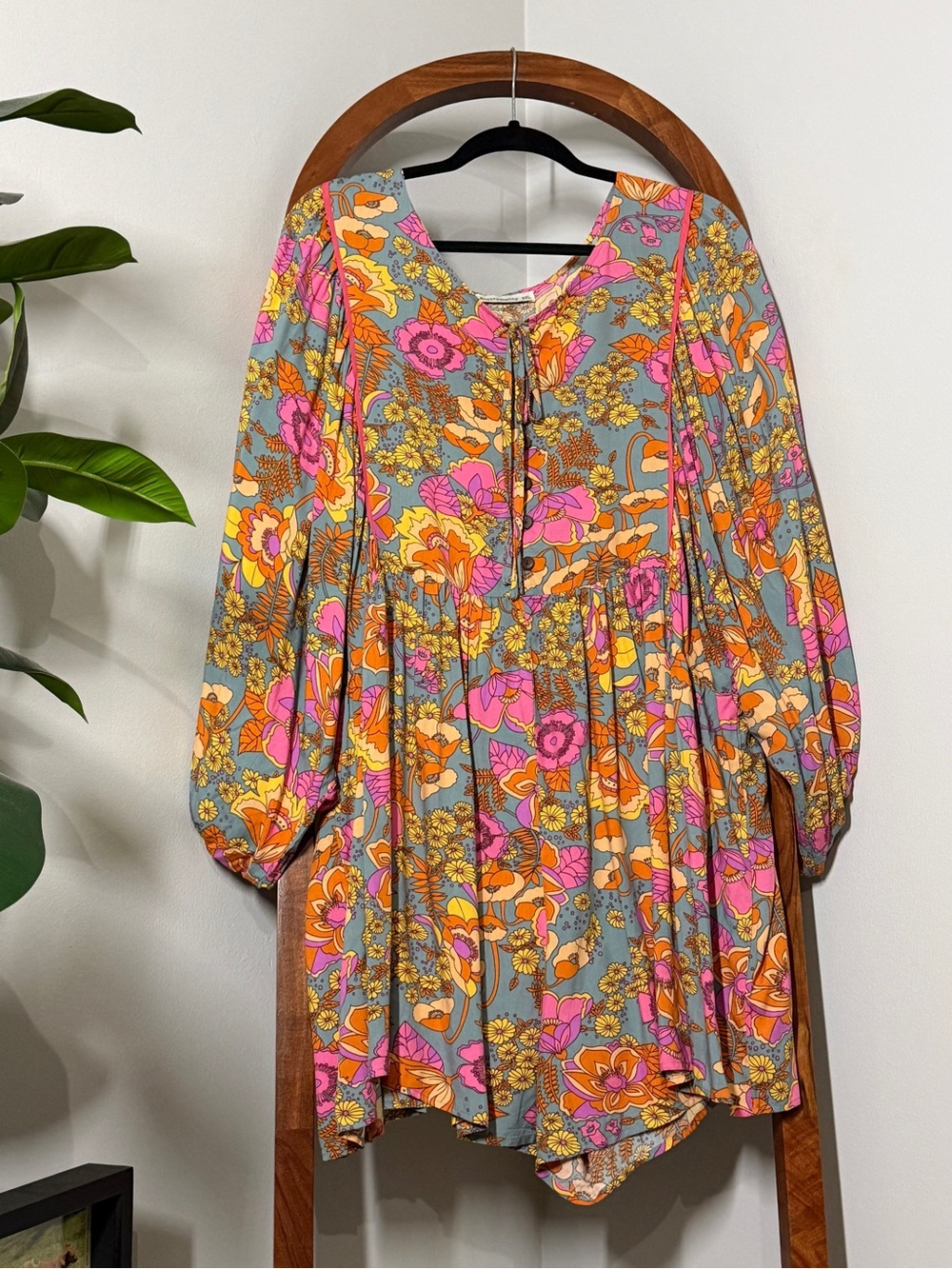 RusttyDustty 3XL Retro Floral Long Balloon Sleeve Romper